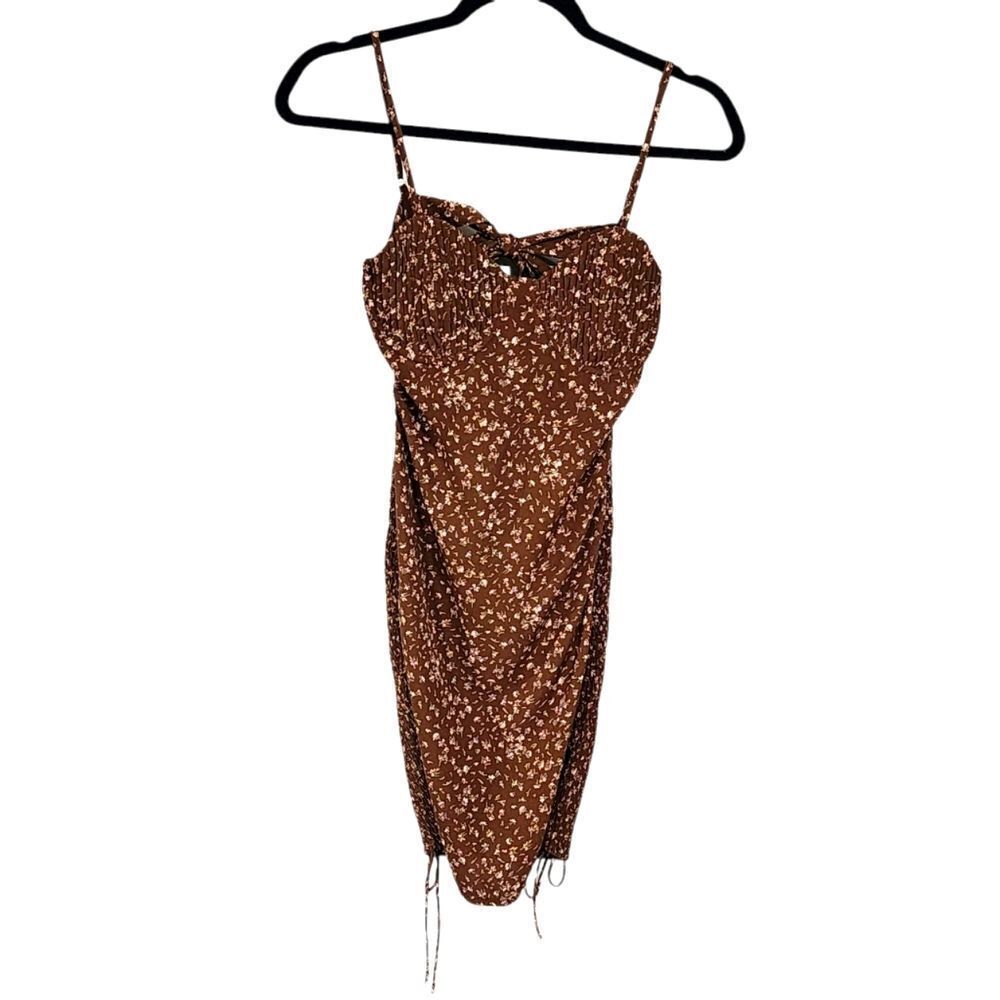 Blush BJ Mini Dress S Brown Floral Babydoll Bodycon Smock Tie Back